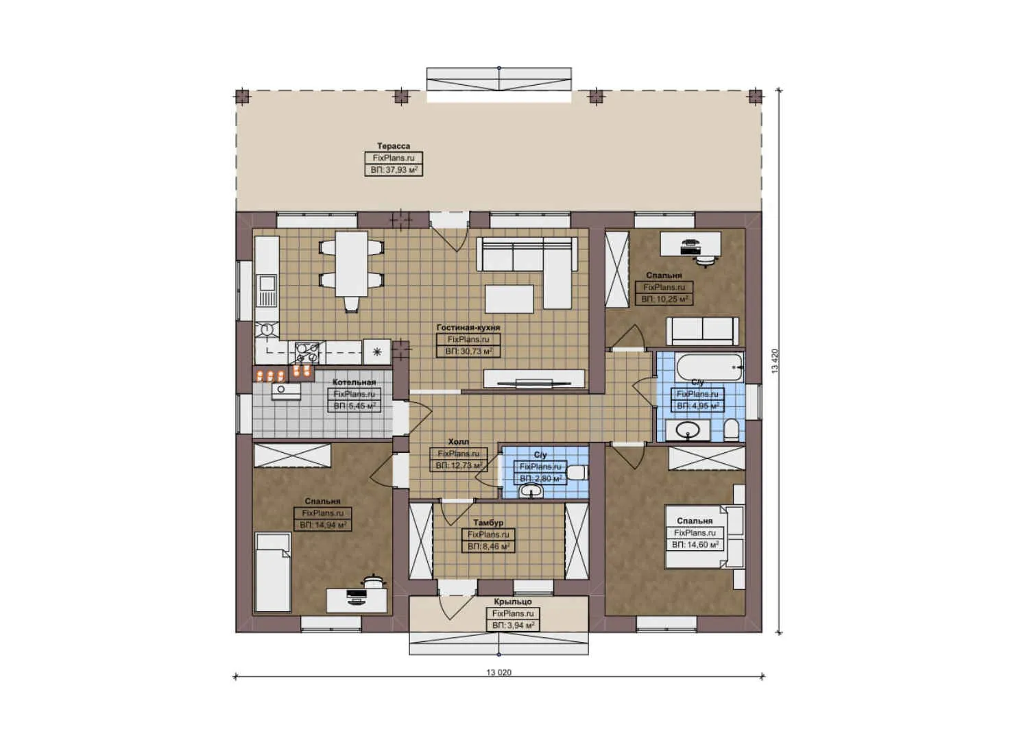 F-12140 - План одноэтажного дома 14 на 14, площадью 150 м² с террасой и 3 спальнями