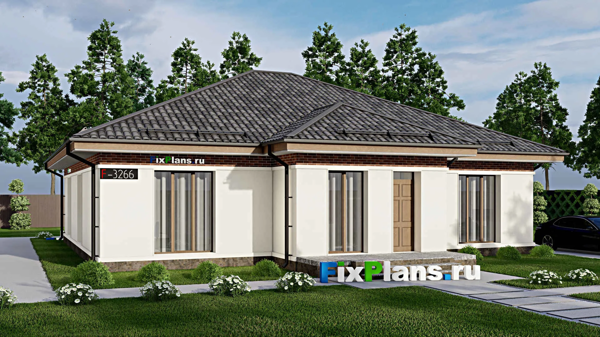 F-3266 - Проект одноэтажного дома 15 на 15, площадью 170 м² с 4 спальнями