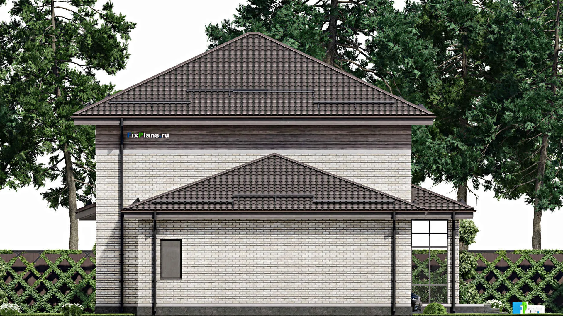 F-2708 - Проект двухэтажного дома 12 на 19, площадью 280 м² с террасой, гаражом на 2 машины и 4 спальнями