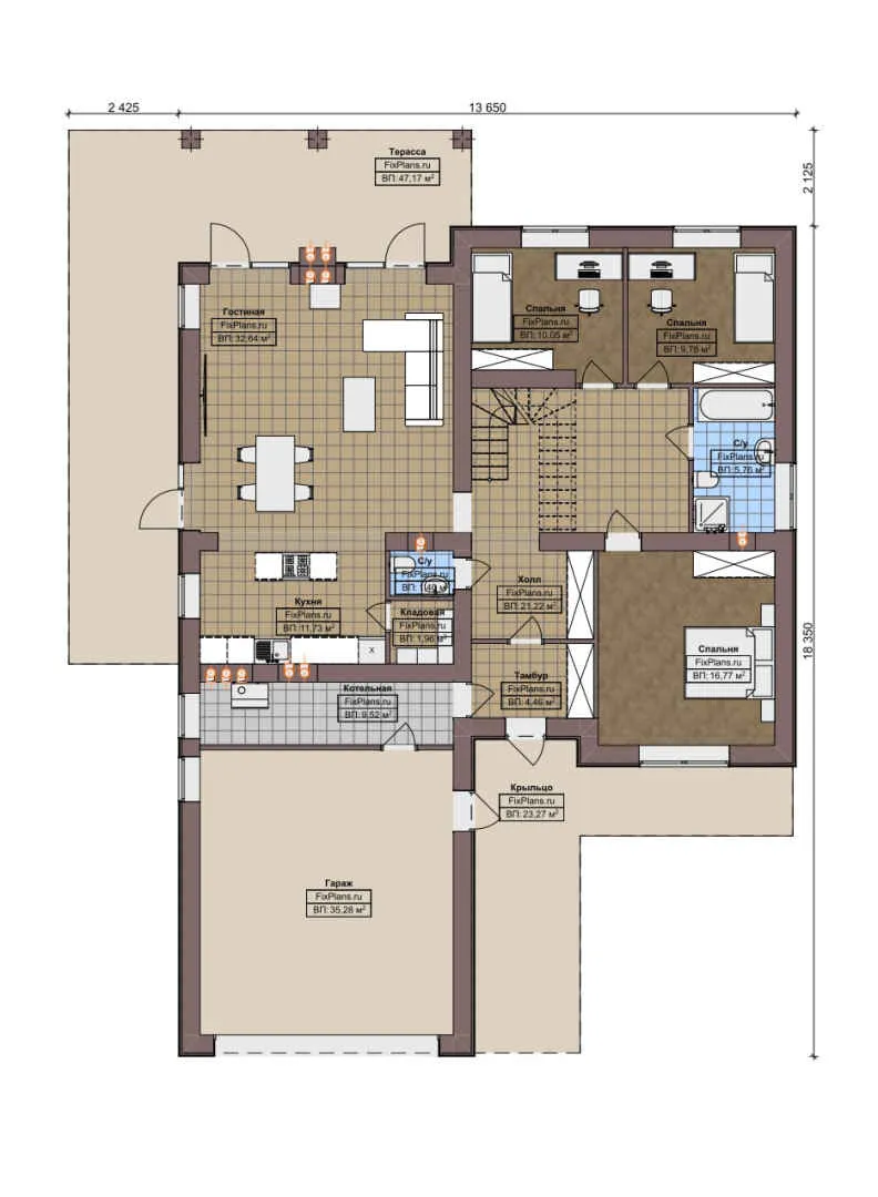 F-7172 - Планы дома с мансардой 14 на 19, площадью 330 м² с террасой, гаражом на 2 машины и 3 спальнями