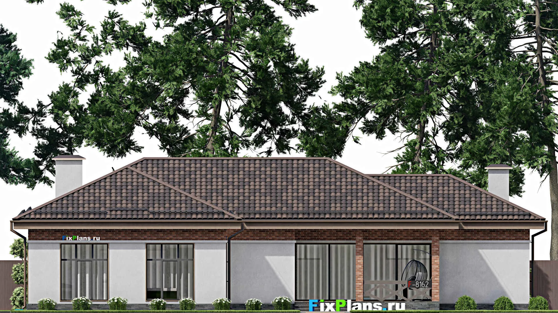 F-8162 - Проект одноэтажного дома 16 на 21, площадью 190 м² с террасой, баней, бассейном и 2 спальнями