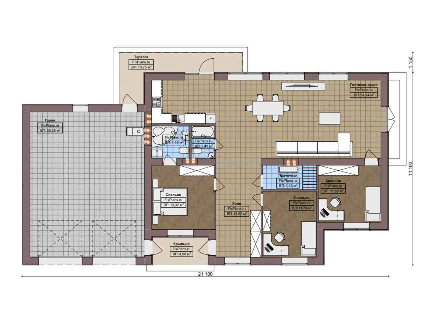 F-6659 - План одноэтажного дома 12 на 22, площадью 190 м² с террасой, гаражом на 2 машины и 3 спальнями