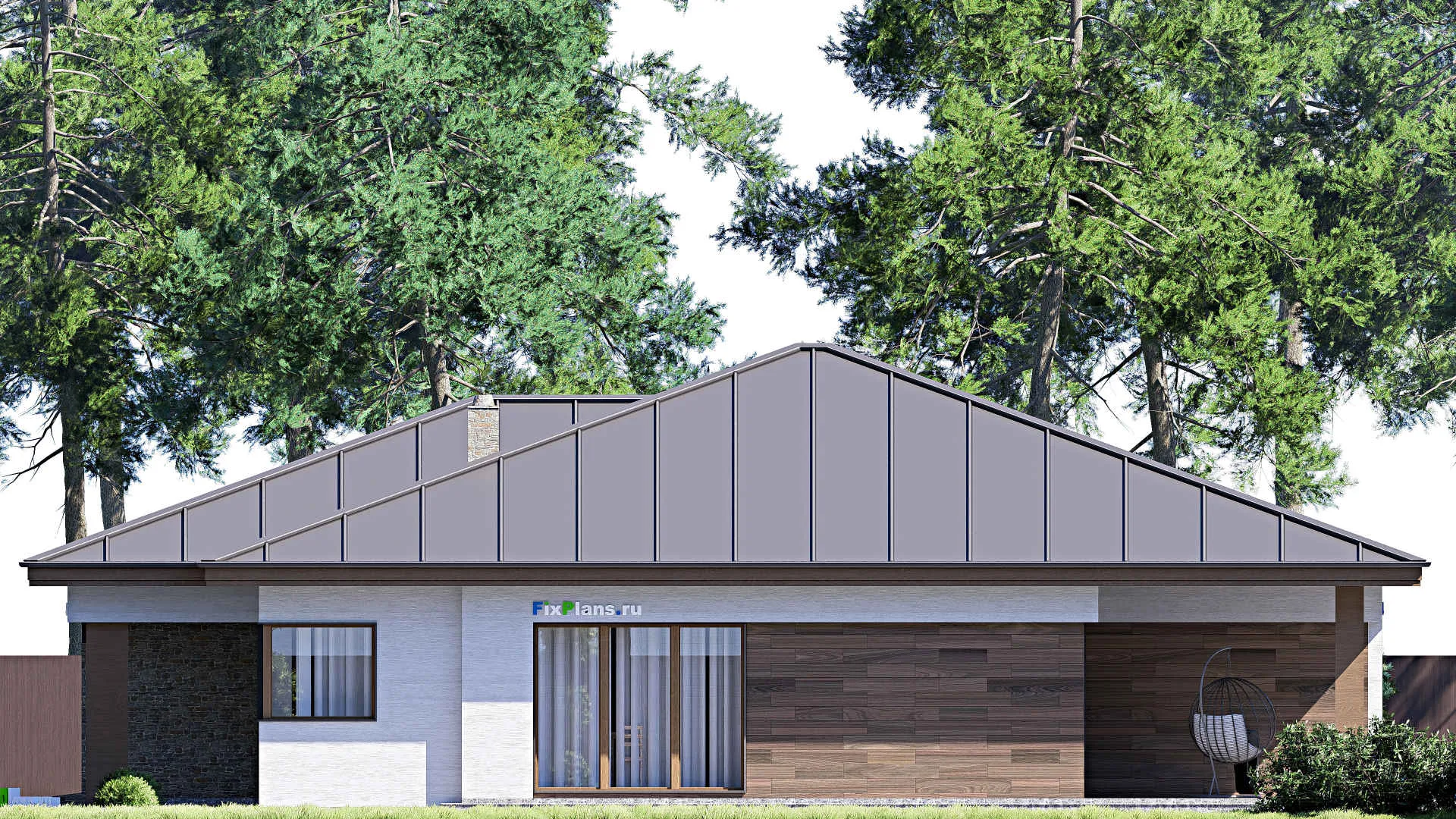 F-16451 - Проект одноэтажного дома 18 на 21, площадью 280 м² с террасой, гаражом на 1 машину и 3 спальнями