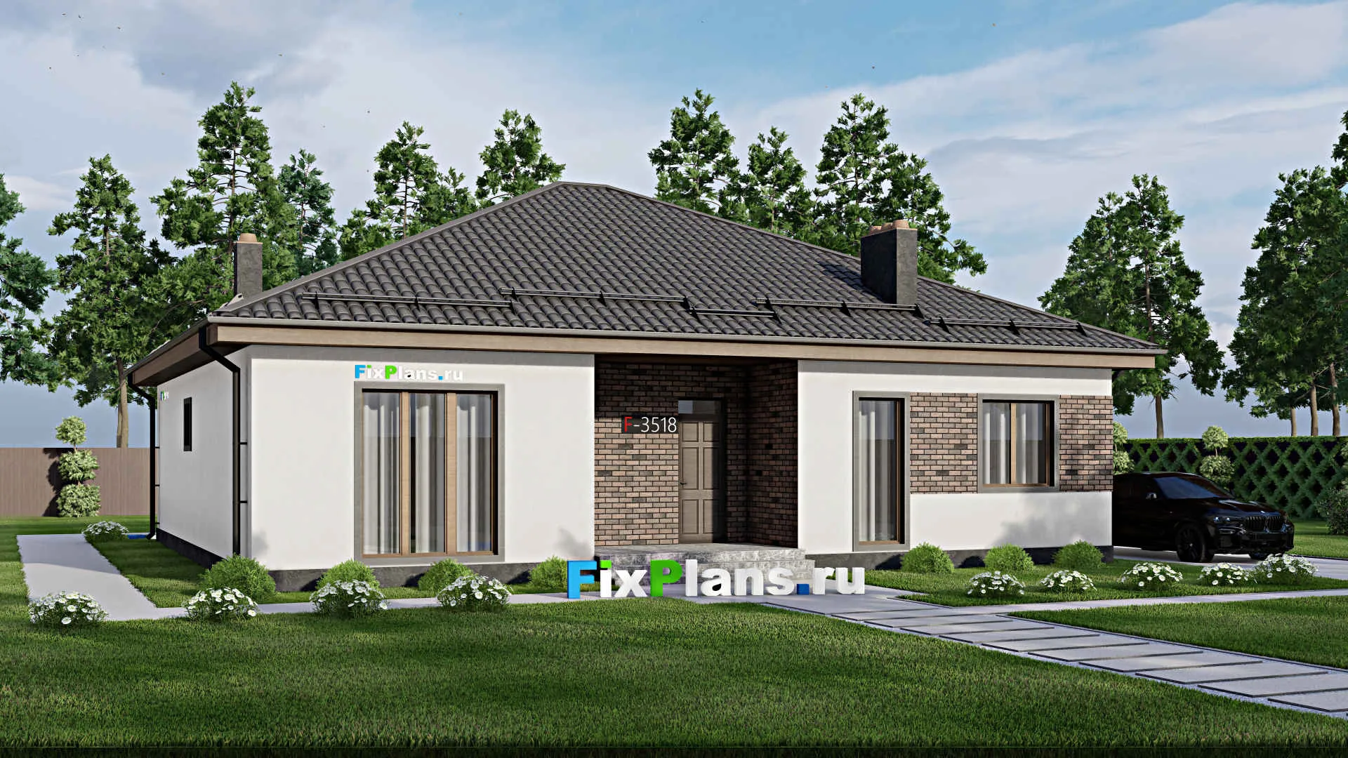 F-3518 - Проект одноэтажного дома 14 на 15, площадью 160 м² с террасой и 3 спальнями