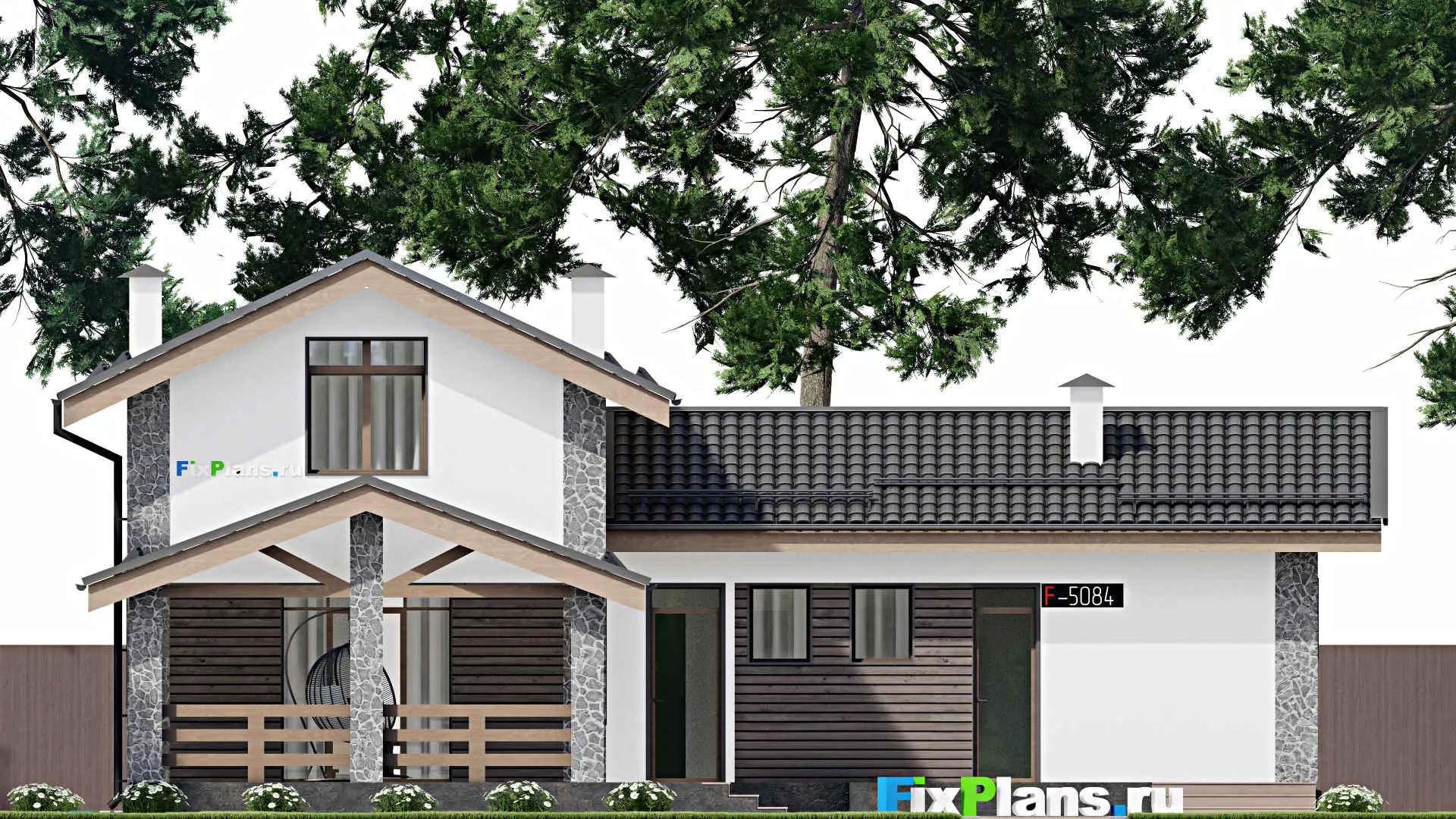 F-5084 - Проект дома с мансардой 10 на 15, площадью 170 м² с террасой, баней и 2 спальнями