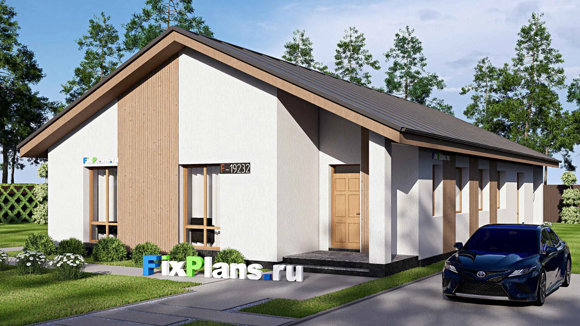 F-19232 - Проект одноэтажного дома 12 на 21, площадью 200 м² с террасой и 4 спальнями