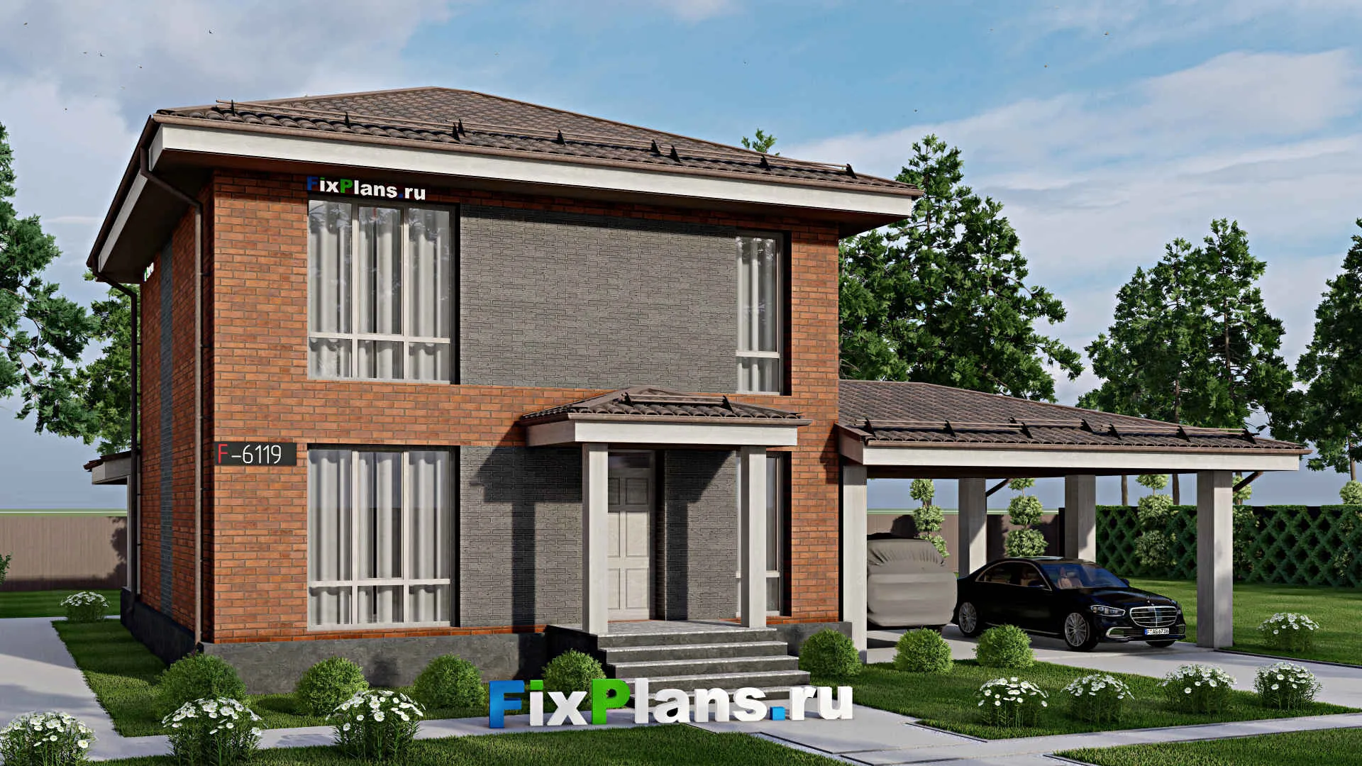 F-6119 - Проект двухэтажного дома 9 на 10, площадью 220 м² с террасой и 4 спальнями