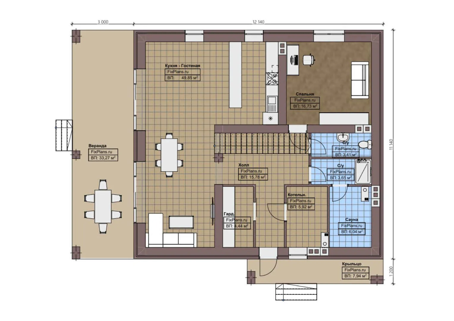 F-1412 - Планы двухэтажного дома 12 на 13, площадью 250 м² с террасой, баней и 5 спальнями