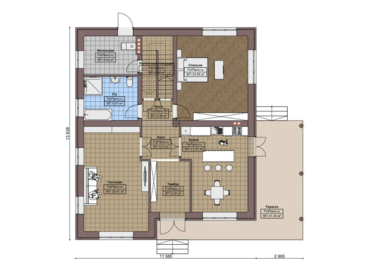 F-8207 - Планы дома с мансардой 12 на 14, площадью 240 м² с террасой и 1 спальнями