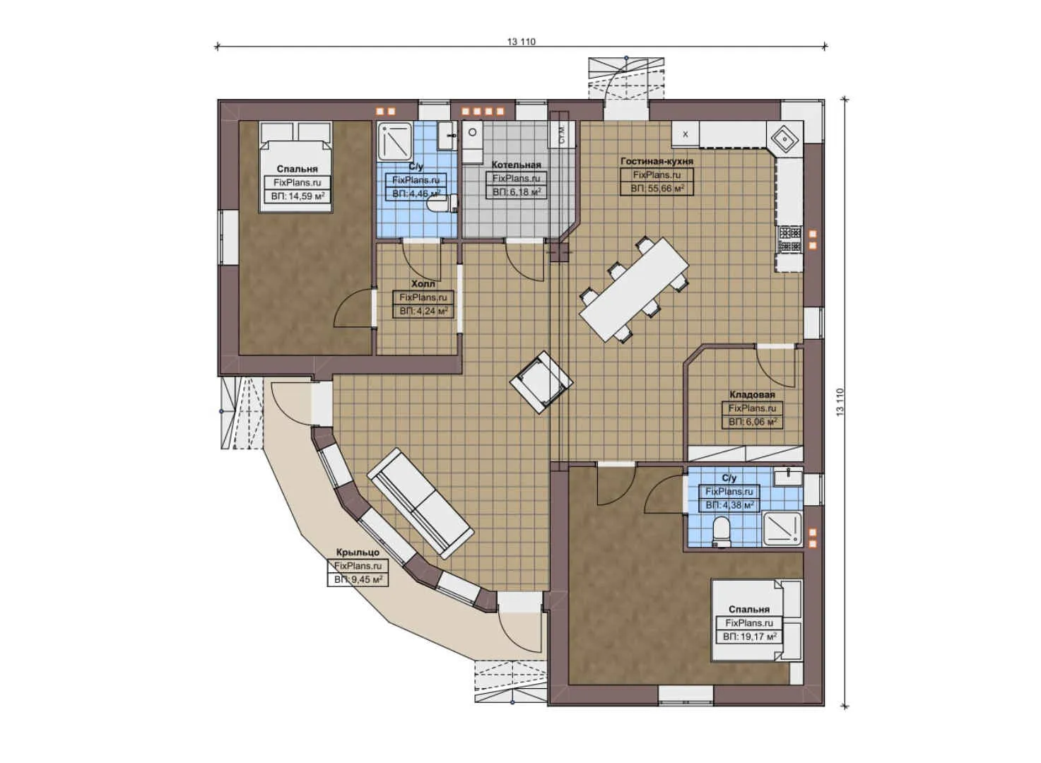 F-12293 - План одноэтажного дома 14 на 14, площадью 130 м² с 2 спальнями