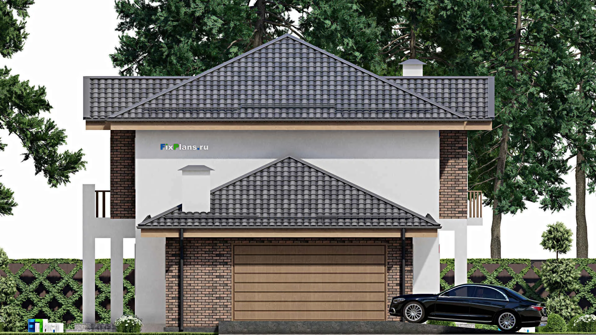 F-12338 - Проект двухэтажного дома 13 на 17, площадью 220 м² с террасой, балконом, гаражом на 2 машины и 3 спальнями