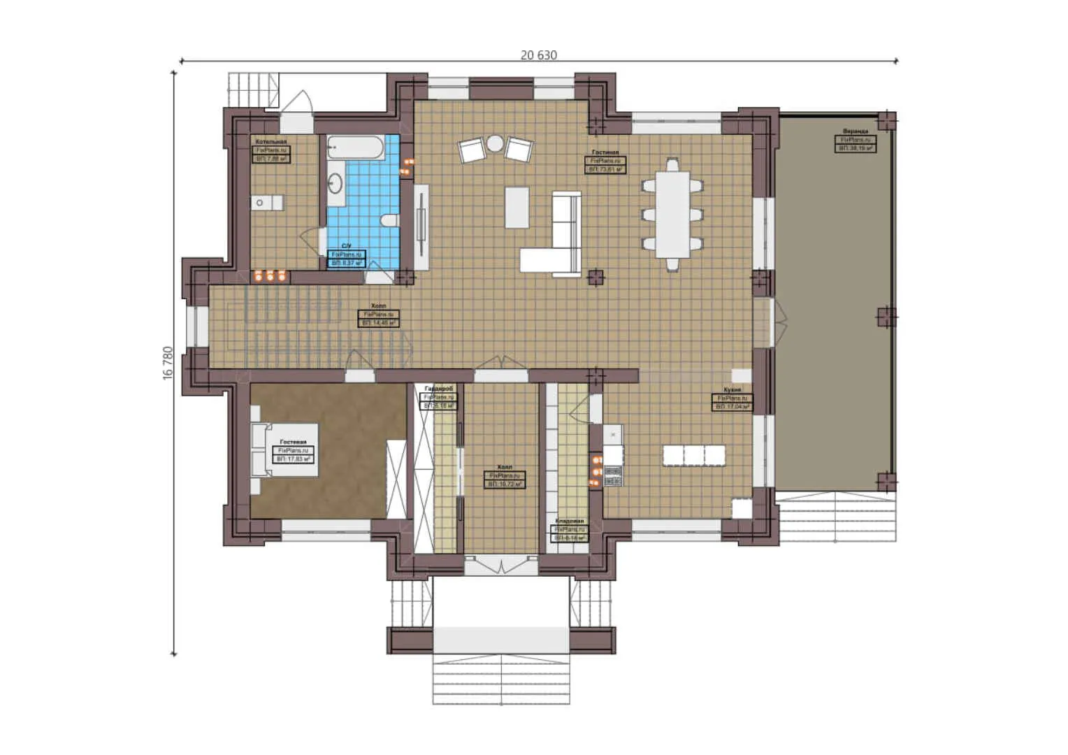 F-0080 - Планы двухэтажного дома 17 на 21, площадью 360 м² с террасой и 4 спальнями