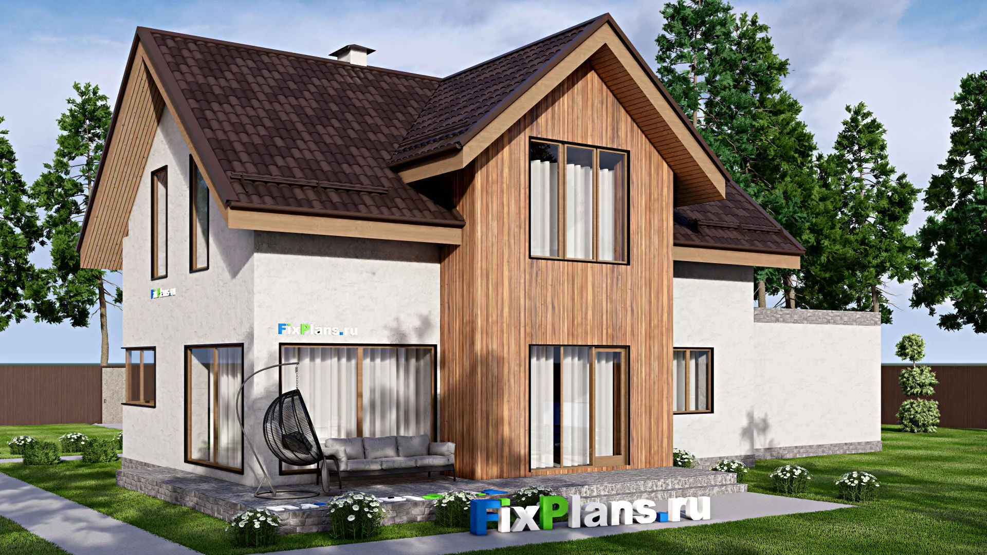 F-15956 - Проект дома с мансардой 13 на 20, площадью 240 м² с террасой, гаражом на 2 машины и 4 спальнями