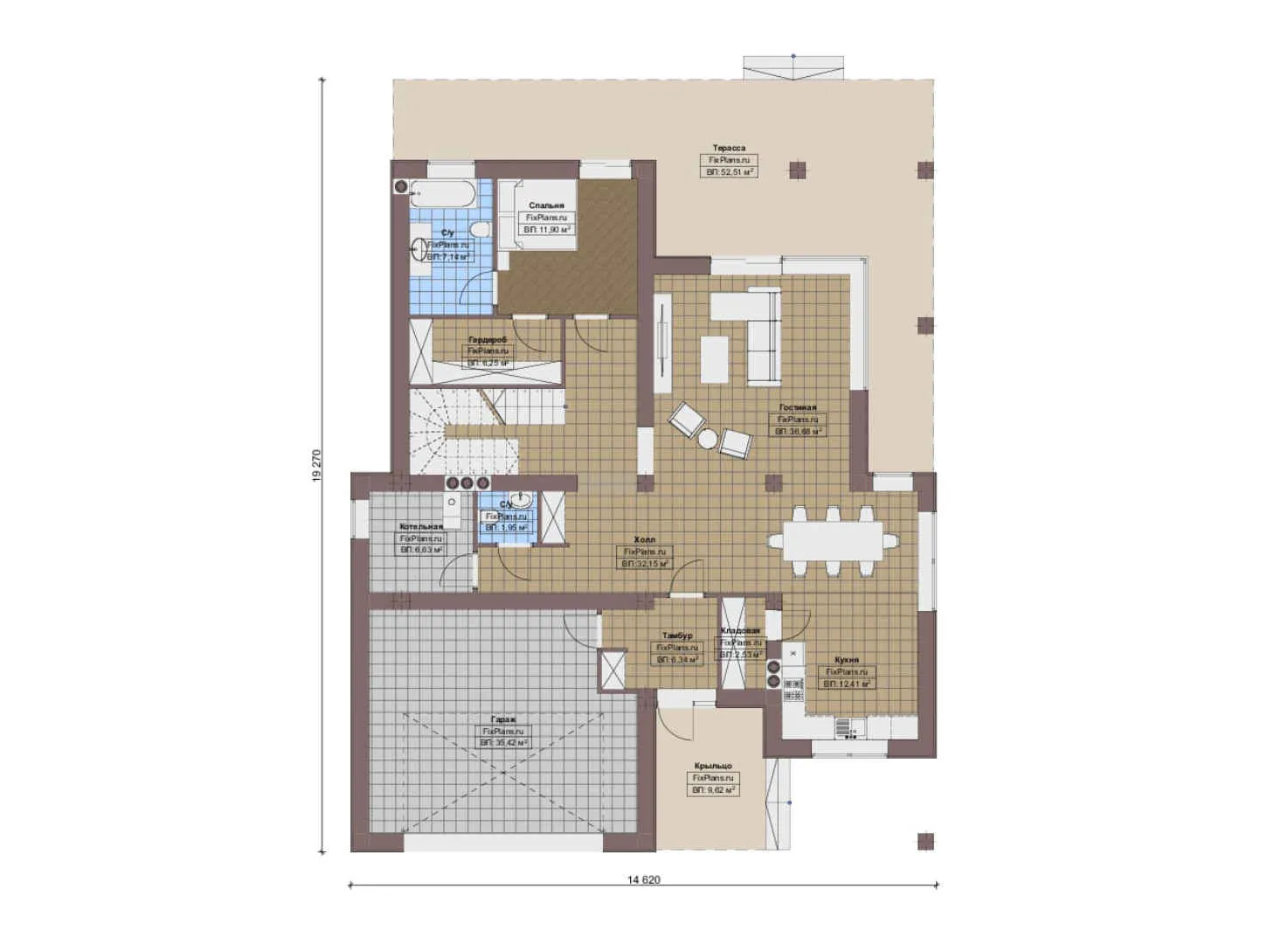 F-16109 - Планы дома с мансардой 15 на 20, площадью 420 м² с террасой, балконом, гаражом на 2 машины и 3 спальнями