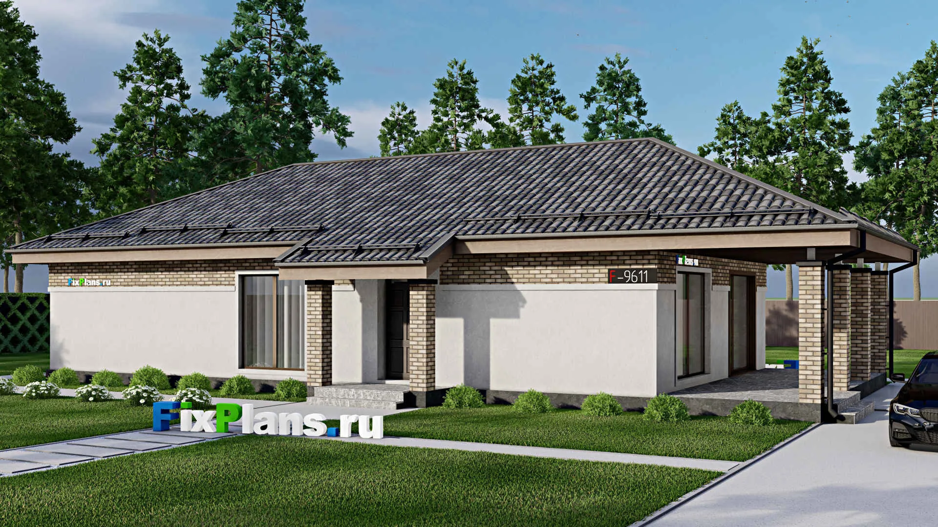 F-9611 - Проект одноэтажного дома 11 на 20, площадью 160 м² с террасой и 3 спальнями