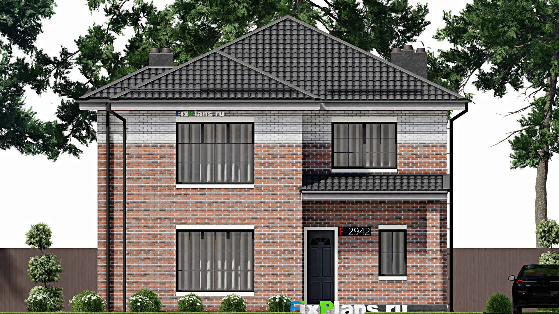 F-2942 - Проект двухэтажного дома 12 на 13, площадью 200 м² с террасой и 4 спальнями