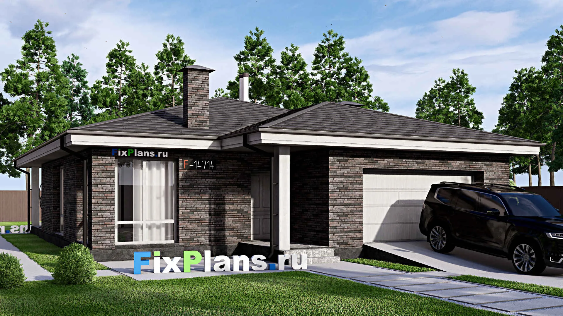 F-14714 - Проект одноэтажного дома 13 на 17, площадью 160 м² с террасой, гаражом на 2 машины и 3 спальнями
