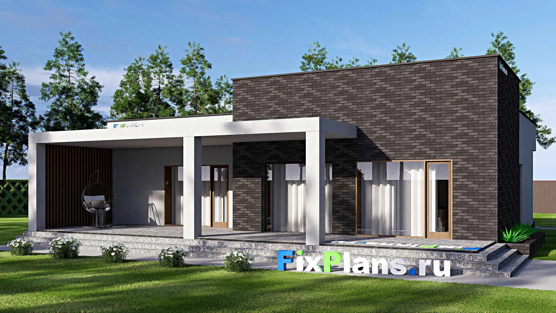 F-18323 - Проект одноэтажного дома 15 на 16, площадью 190 м² с террасой и 3 спальнями