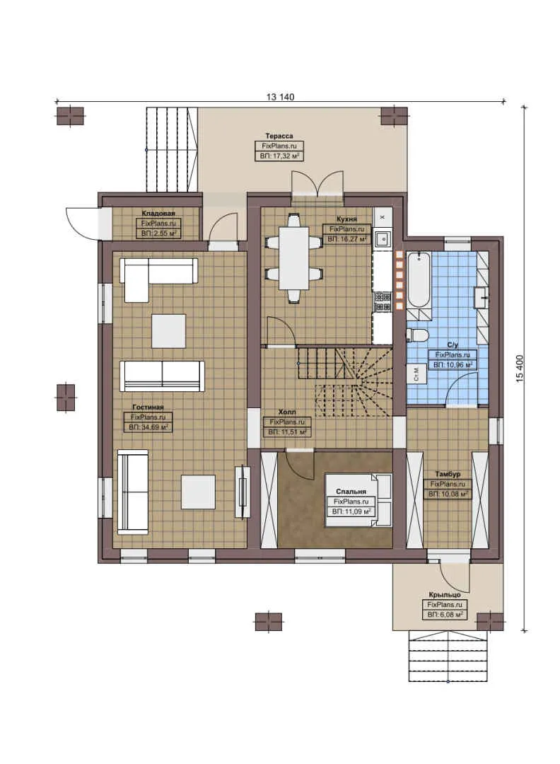 F-7109 - Планы двухэтажного дома 14 на 16, площадью 270 м² с террасой, балконом и 6 спальнями