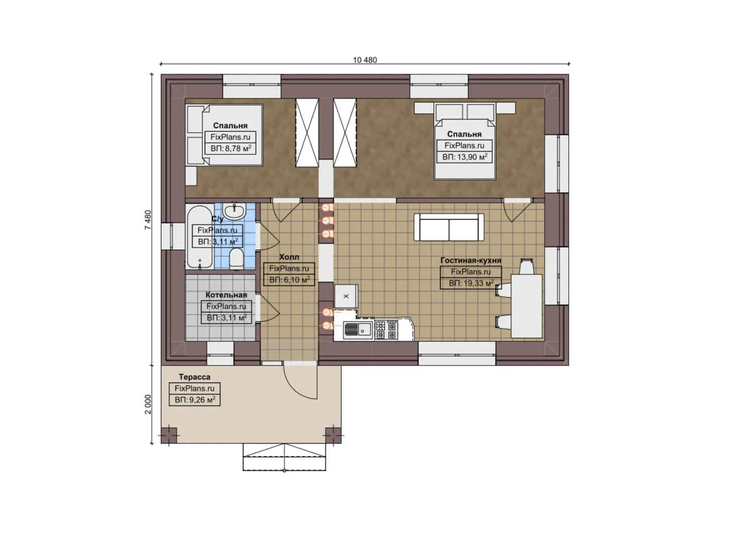 F-6254 - План одноэтажного дома 8 на 11, площадью 70 м² с террасой и 2 спальнями