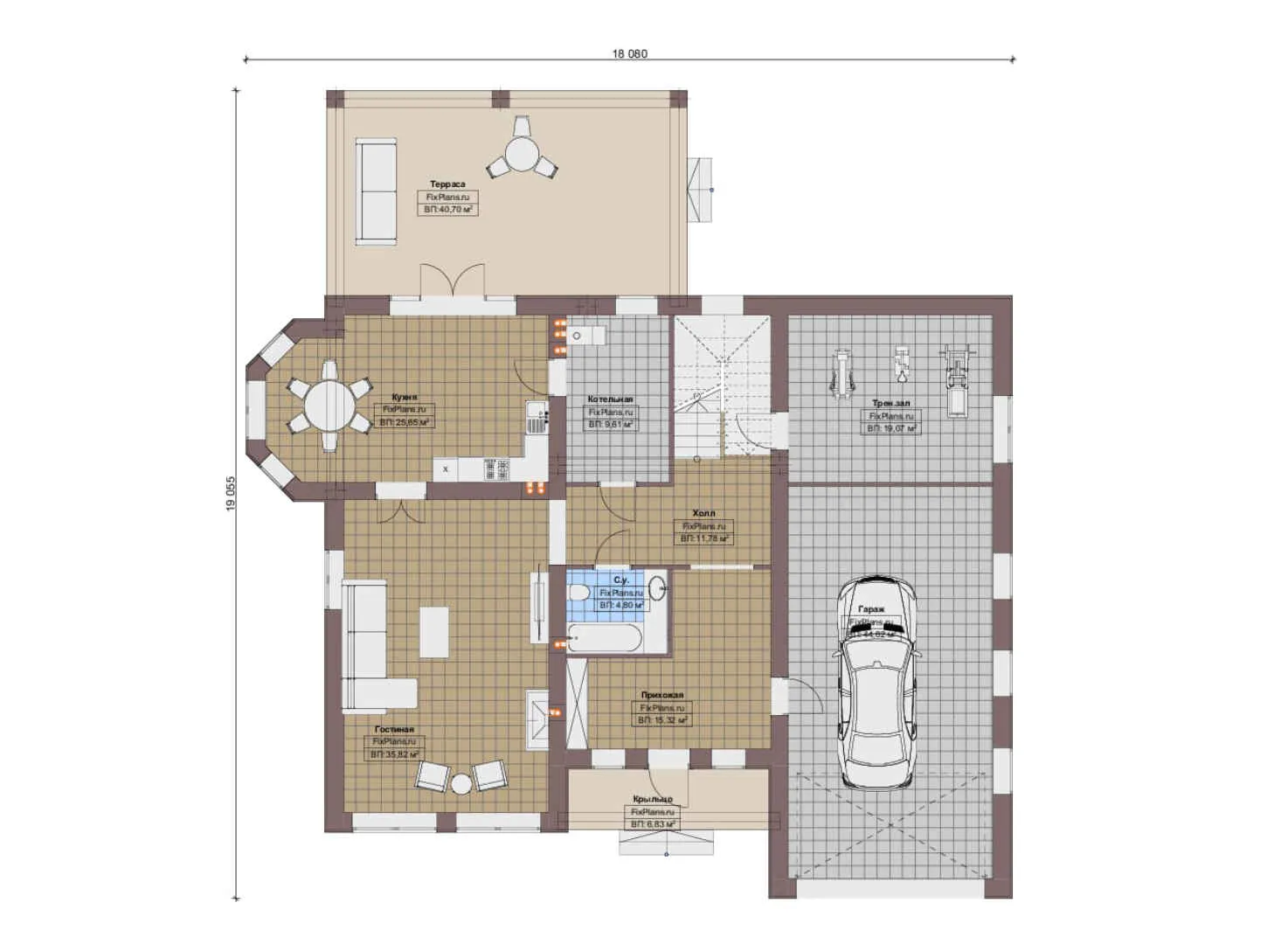F-20240 - Планы двухэтажного дома 19 на 20, площадью 360 м² с террасой, гаражом на 2 машины и 3 спальнями