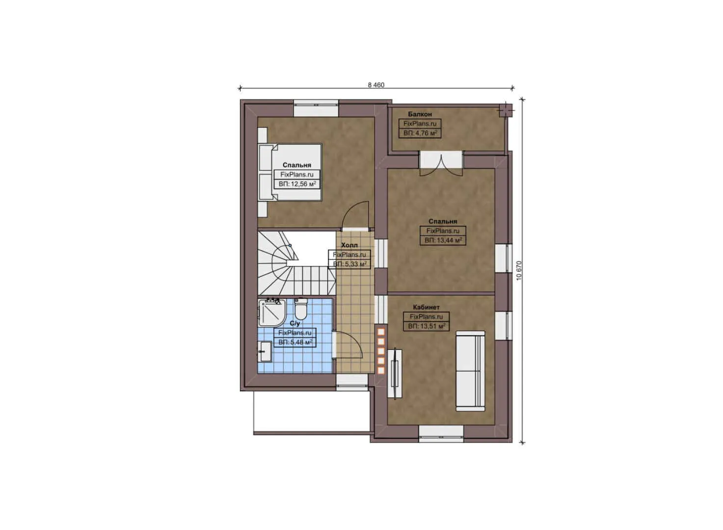 F-9728 - Планы дома с мансардой 11 на 12, площадью 130 м² с террасой, балконом и 3 спальнями