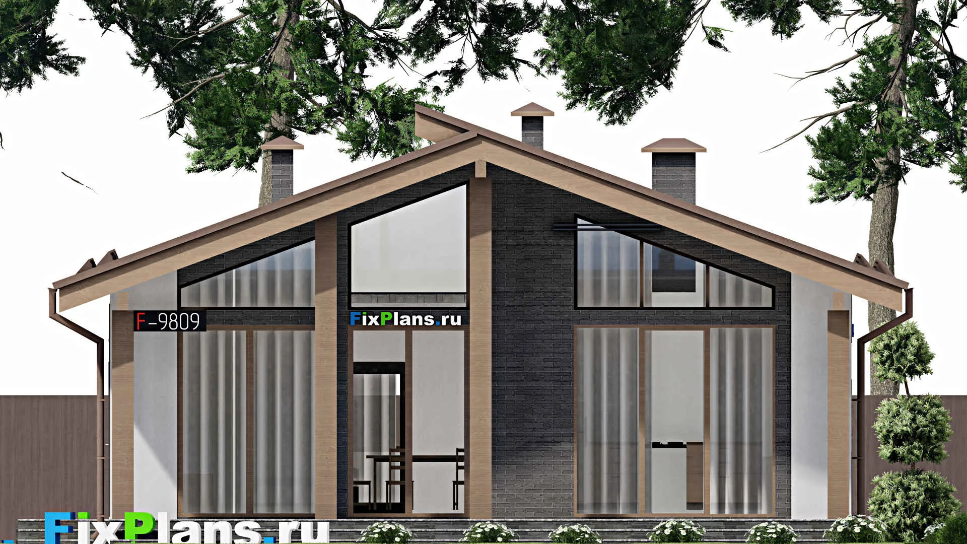 F-9809 - Проект одноэтажного дома 12 на 13, площадью 110 м² с террасой, баней и 2 спальнями