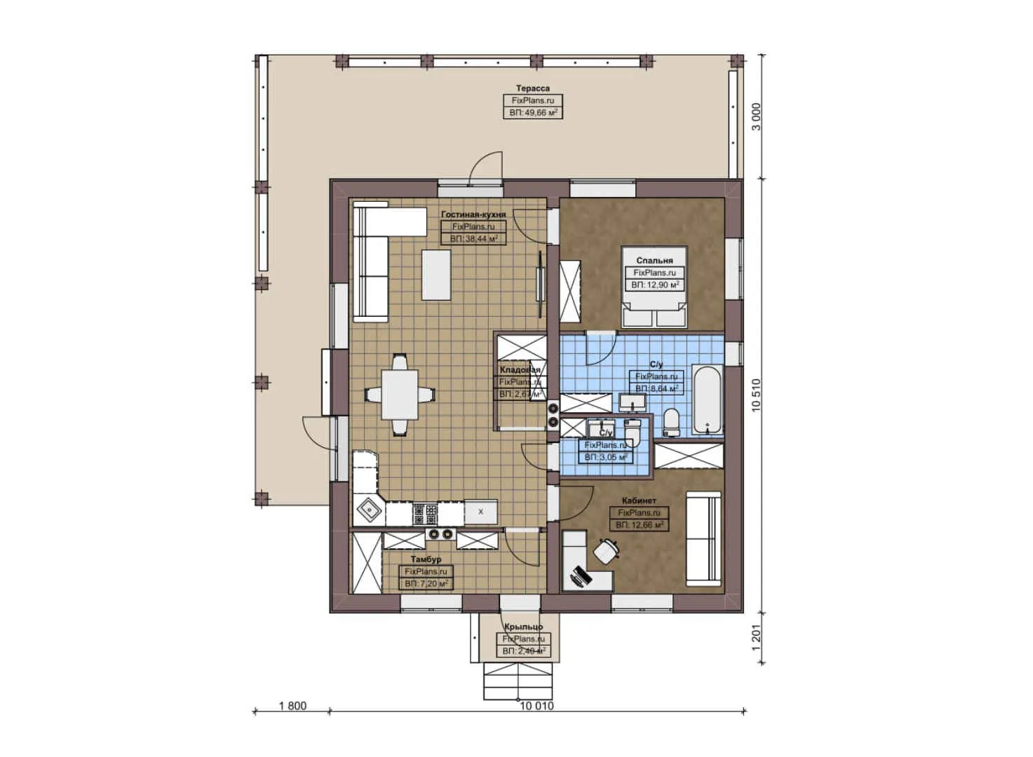 F-5174 - План одноэтажного дома 11 на 11, площадью 140 м² с террасой и 1 спальнями