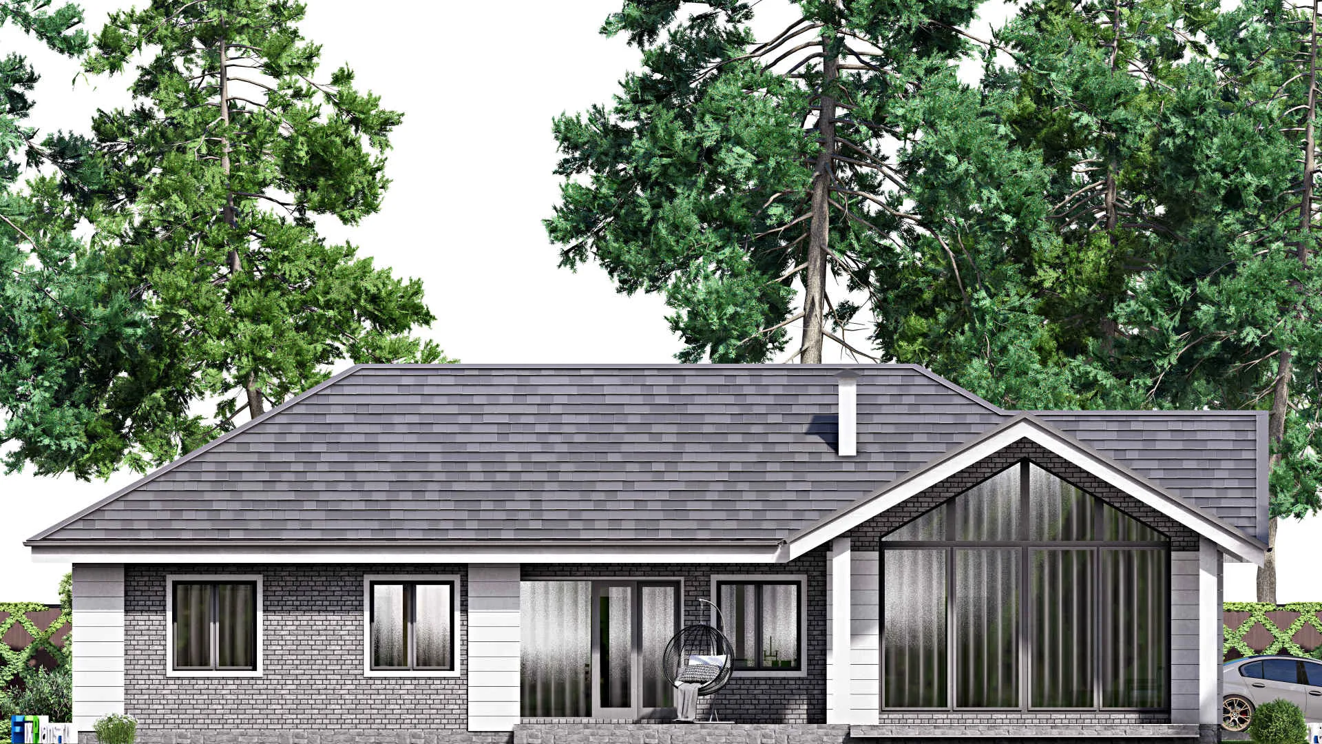 F-16136 - Проект одноэтажного дома 16 на 20, площадью 210 м² с террасой, гаражом на 1 машину и 3 спальнями