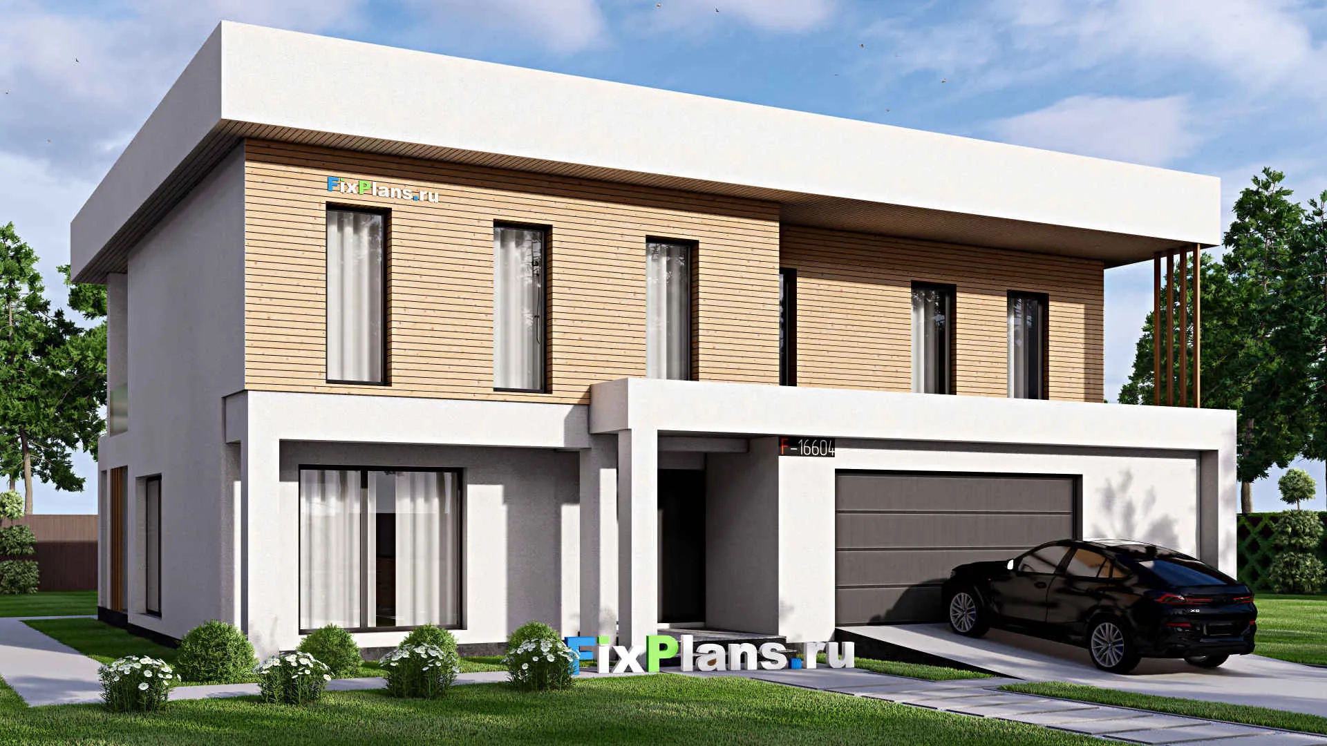 F-16604 - Проект двухэтажного дома 15 на 17, площадью 740 м² с террасой, балконом, гаражом на 2 машины и 5 спальнями
