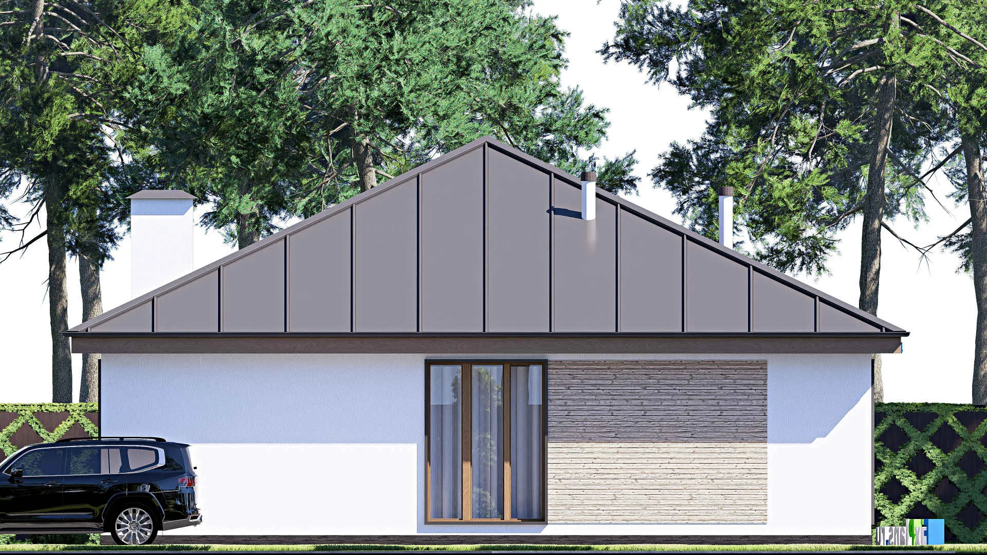 F-20267 - Проект одноэтажного дома 13 на 13, площадью 130 м² с террасой и 3 спальнями