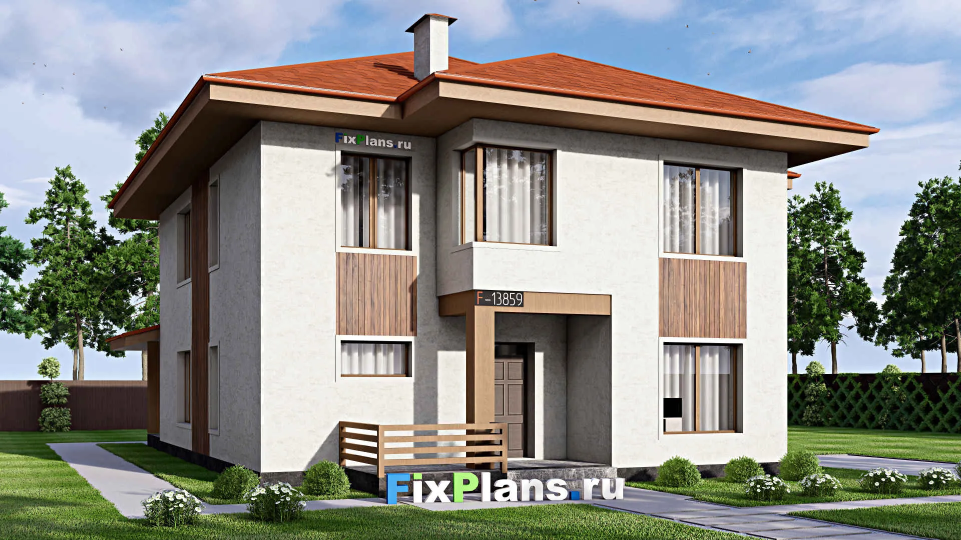 F-13859 - Проект двухэтажного дома 13 на 18, площадью 290 м² с террасой, балконом и 4 спальнями