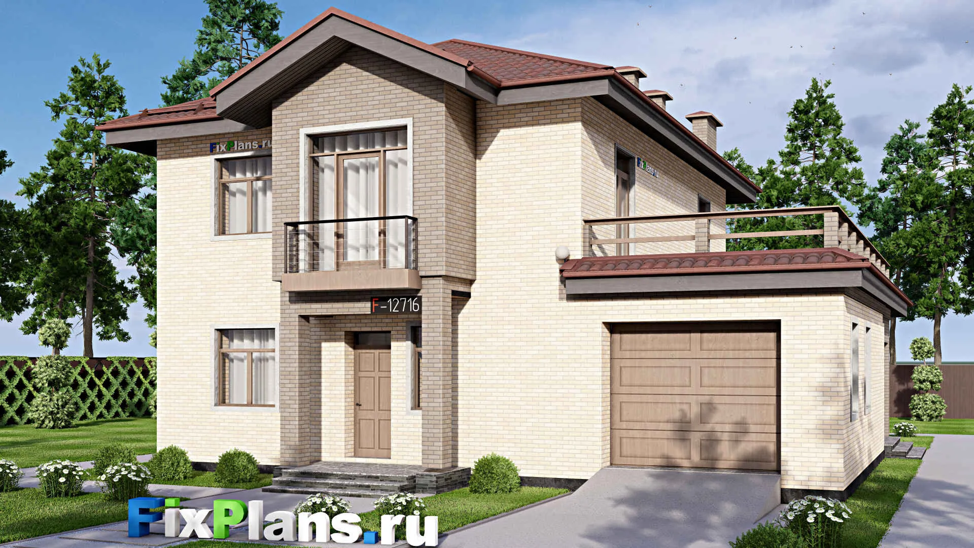 F-12716 - Проект двухэтажного дома 14 на 18, площадью 300 м² с террасой, балконом, гаражом на 1 машину и 3 спальнями