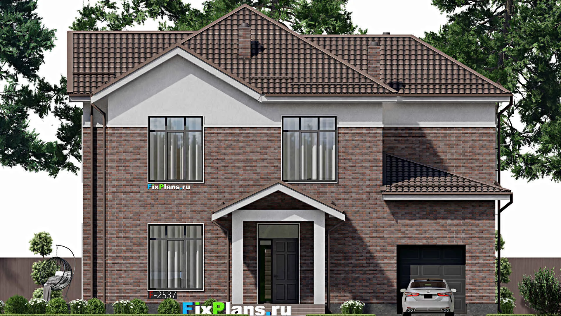 F-2537 - Проект двухэтажного дома 14 на 15, площадью 300 м² с террасой, гаражом на 1 машину и 5 спальнями