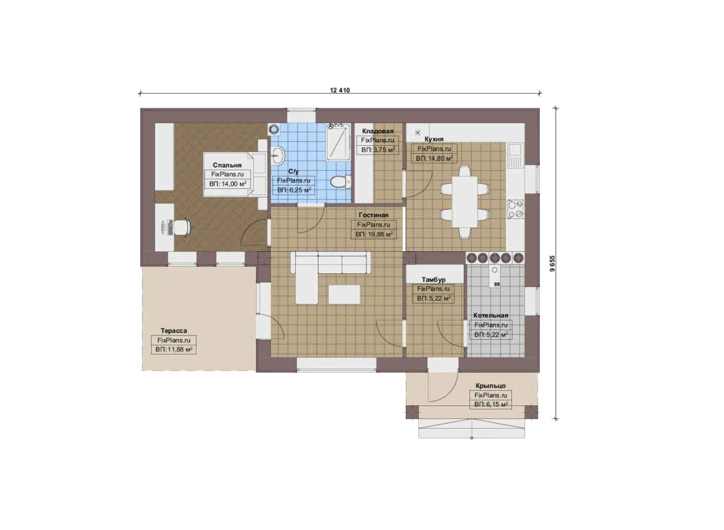 F-17513 - План одноэтажного дома 10 на 13, площадью 90 м² с террасой и 1 спальнями