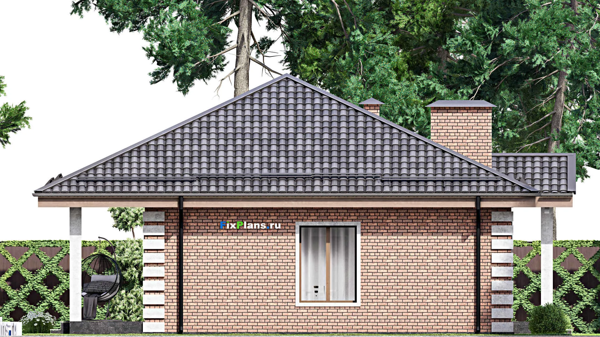 F-13886 - Проект одноэтажного дома 13 на 14, площадью 110 м² с террасой и 3 спальнями