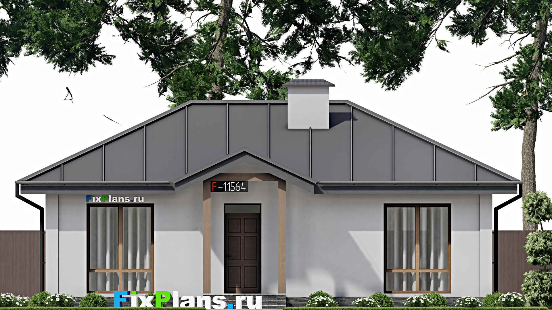 F-11564 - Проект одноэтажного дома 12 на 12, площадью 90 м² с террасой и 2 спальнями