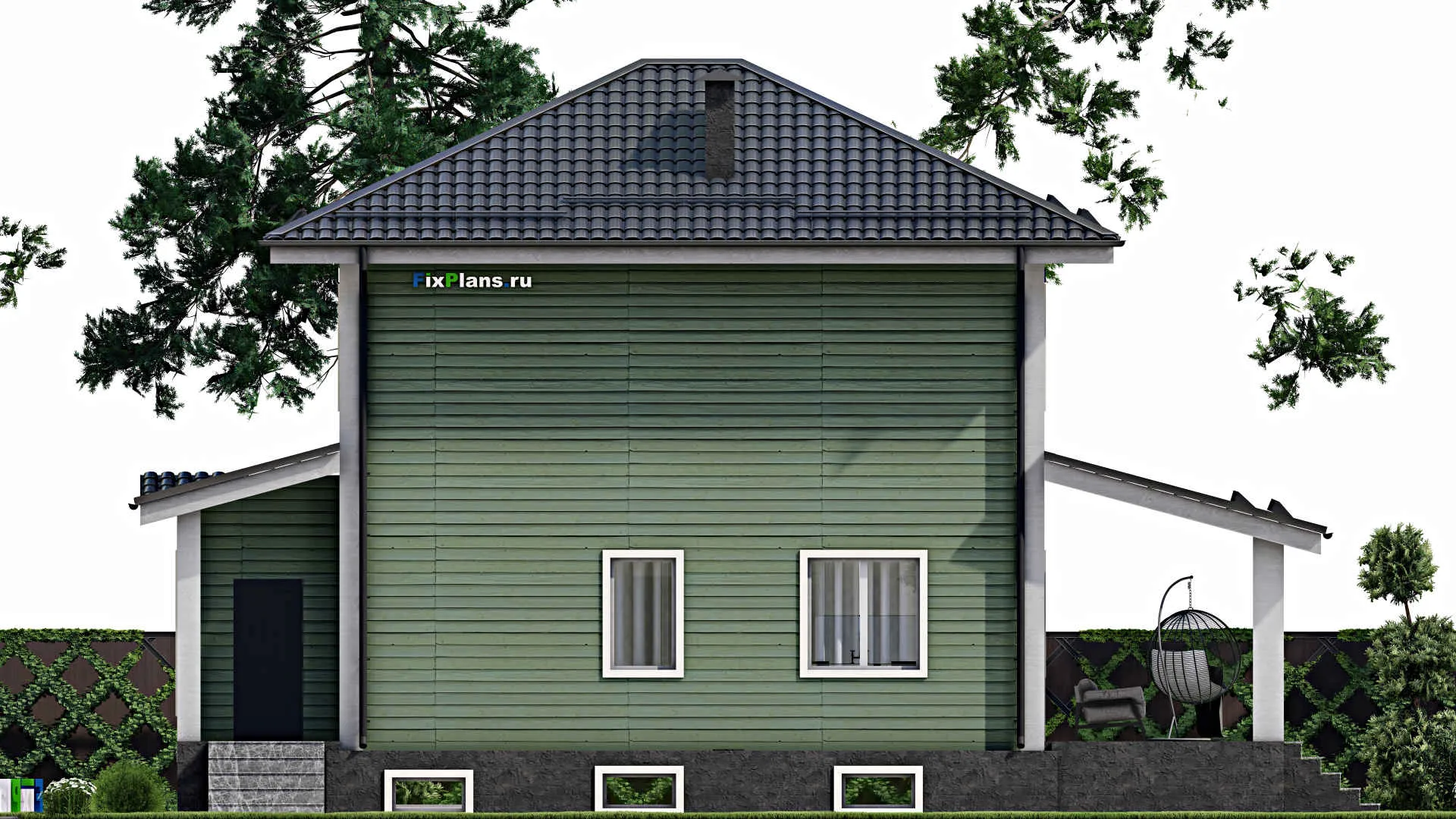 F-5336 - Проект двухэтажного дома 8 на 12, площадью 210 м² с террасой, цокольным этажом и 3 спальнями