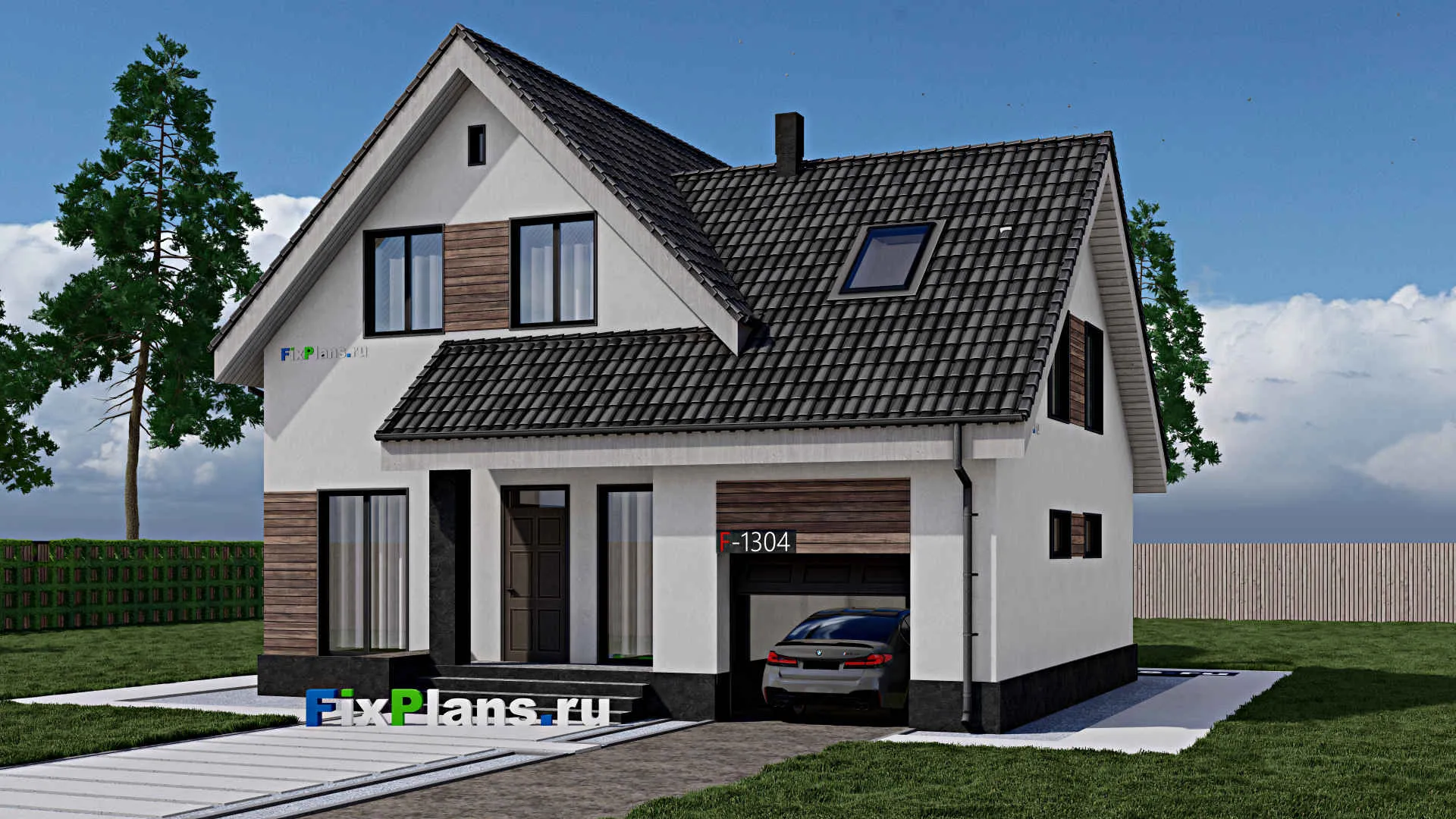 F-1304 - Проект дома с мансардой 12 на 13, площадью 200 м² с террасой, гаражом на 1 машину и 4 спальнями