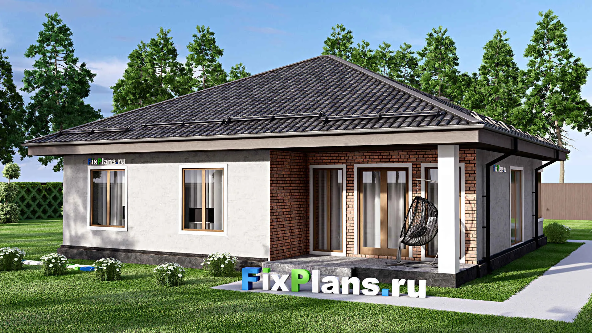 F-12824 - Проект одноэтажного дома 13 на 13, площадью 130 м² с террасой и 3 спальнями