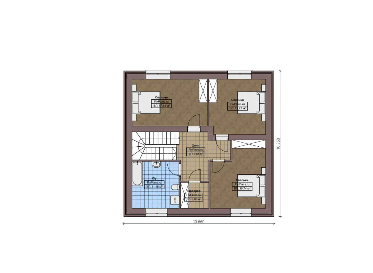 F-3797 - Планы двухэтажного дома 11 на 17, площадью 230 м² с террасой, гаражом на 2 машины и 4 спальнями