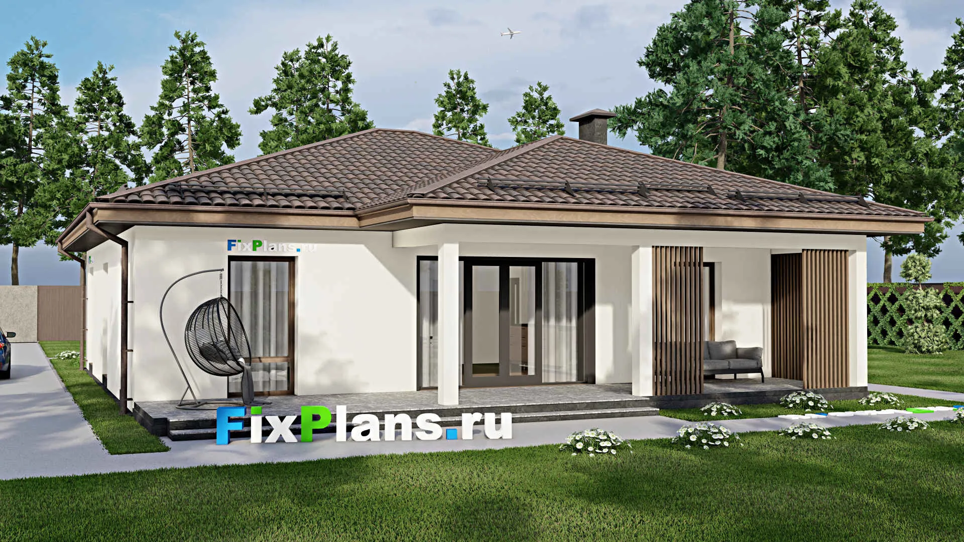 F-4256 - Проект одноэтажного дома 12 на 13, площадью 160 м² с террасой и 4 спальнями