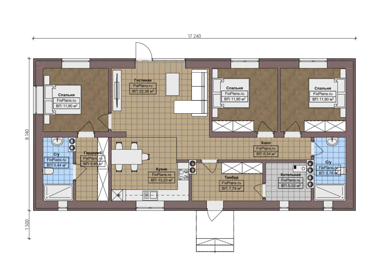 F-3329 - План одноэтажного дома 9 на 18, площадью 110 м² с 3 спальнями