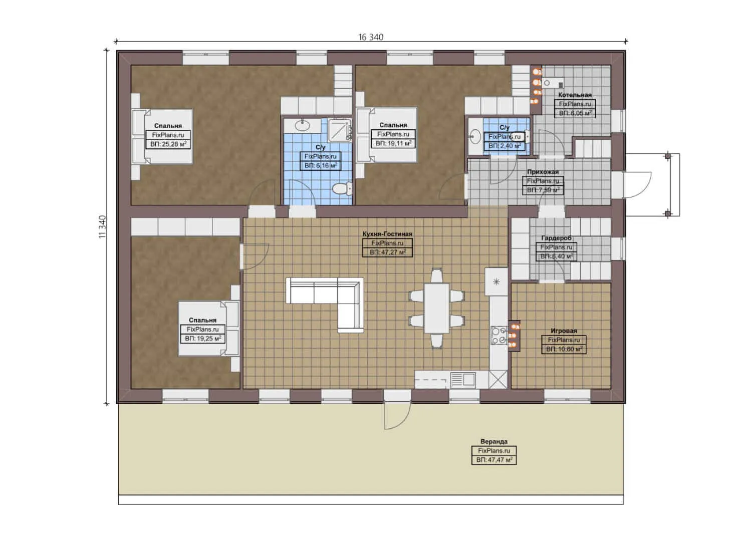 F-0224 - План одноэтажного дома 12 на 17, площадью 210 м² с террасой и 3 спальнями