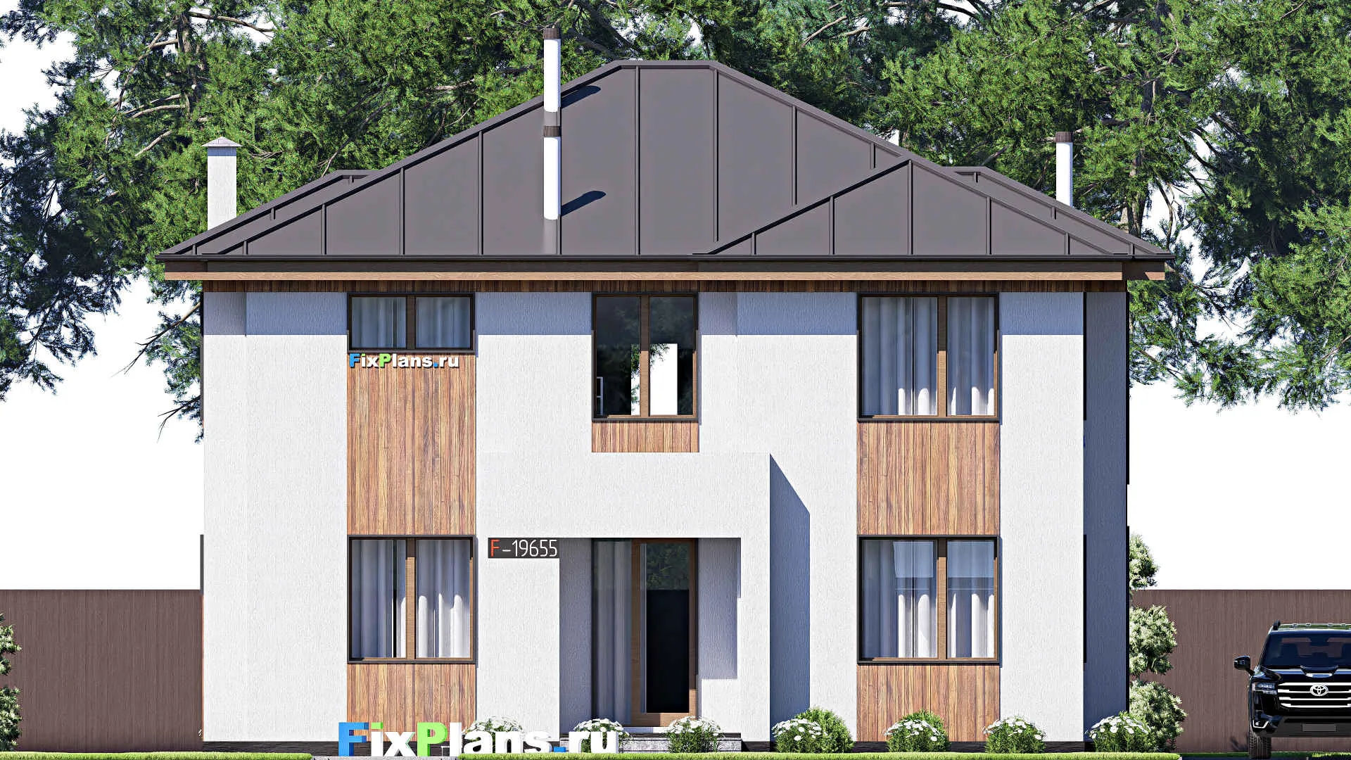 F-19655 - Проект двухэтажного дома 13 на 17, площадью 220 м² с террасой и 2 спальнями