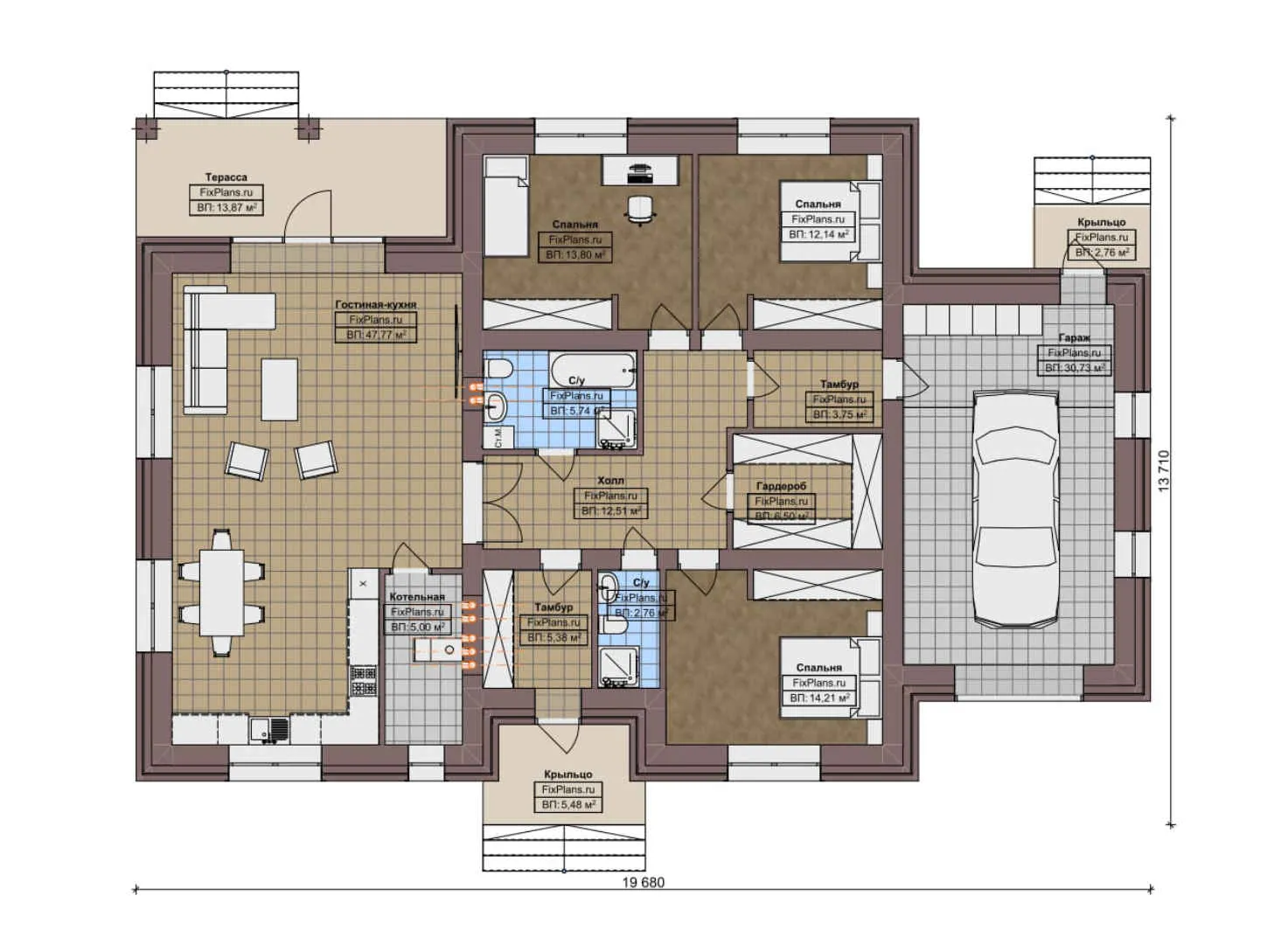F-8657 - План одноэтажного дома 14 на 20, площадью 190 м² с террасой, гаражом на 1 машину и 3 спальнями
