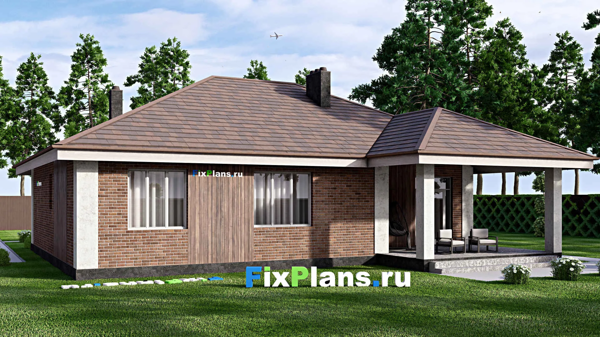 F-14408 - Проект одноэтажного дома 16 на 16, площадью 160 м² с террасой и 3 спальнями