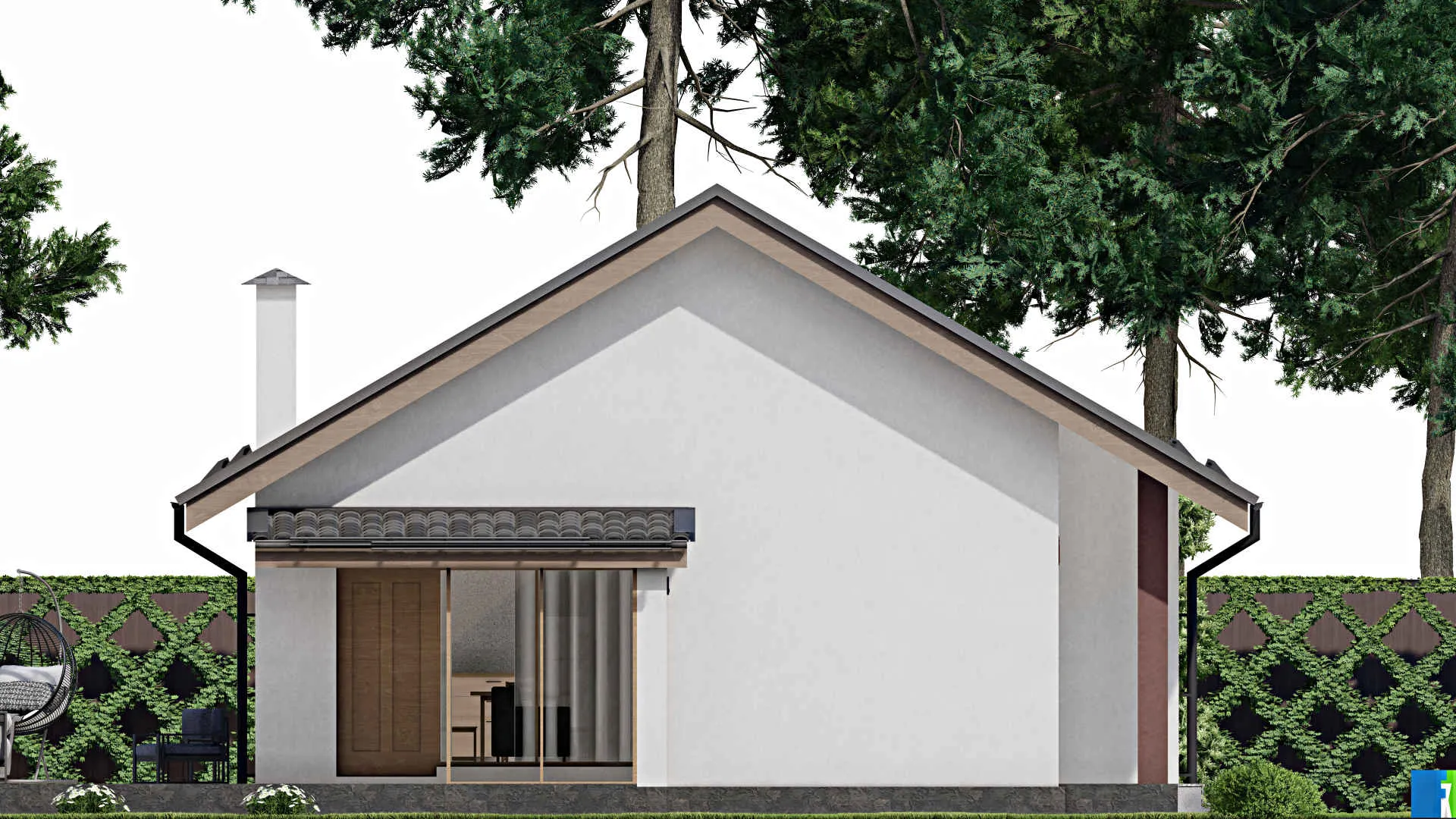 F-10988 - Проект одноэтажного дома 14 на 15, площадью 150 м² с террасой и 2 спальнями