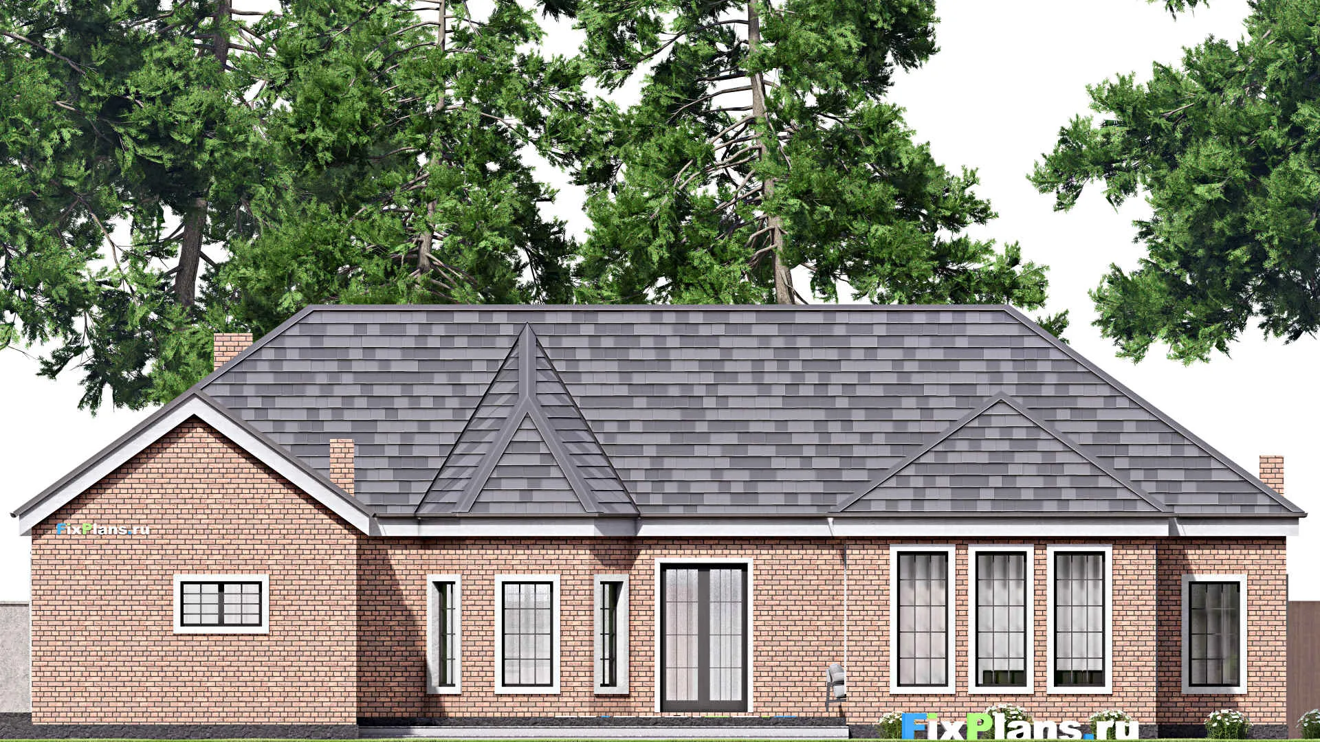 F-16937 - Проект одноэтажного дома 19 на 21, площадью 260 м² с террасой, гаражом на 2 машины и 3 спальнями