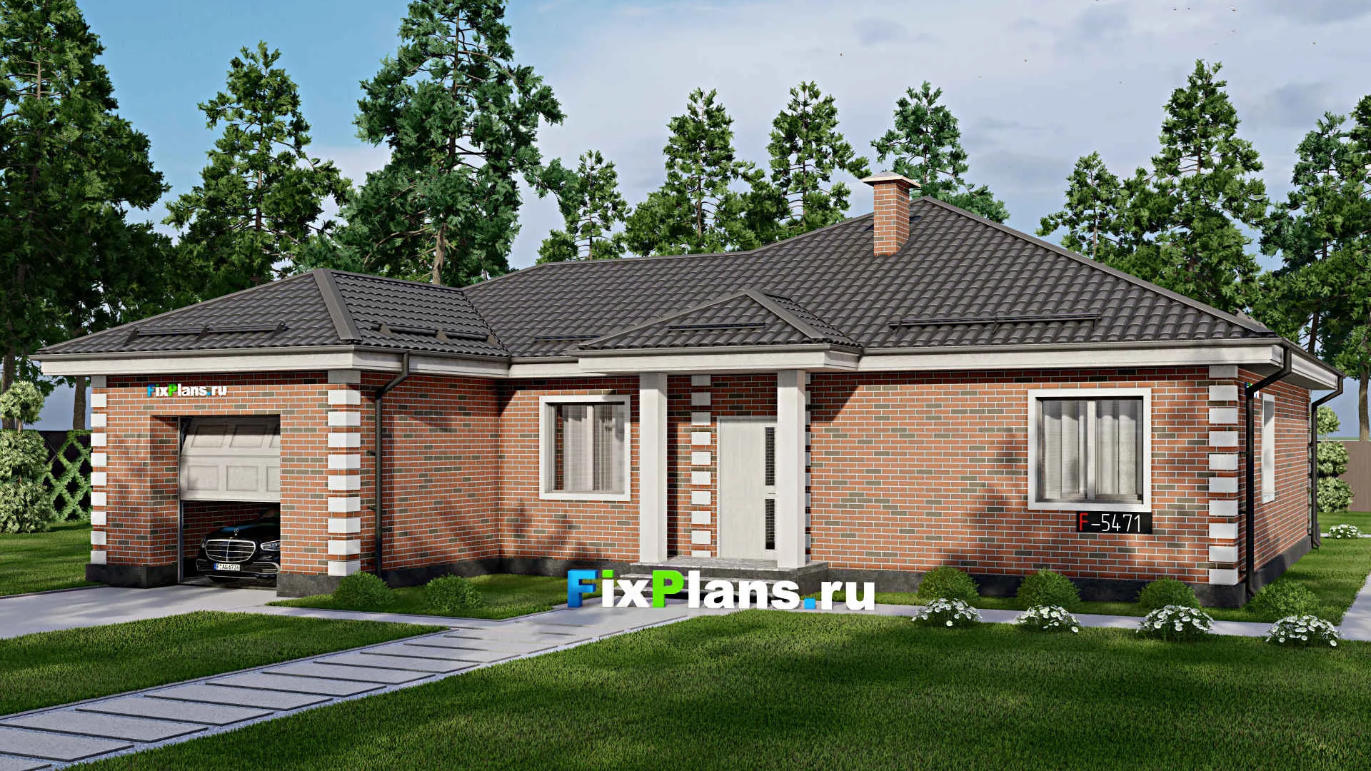 F-5471 - Проект одноэтажного дома 16 на 17, площадью 300 м² с террасой, цокольным этажом, гаражом на 2 машины и 3 спальнями
